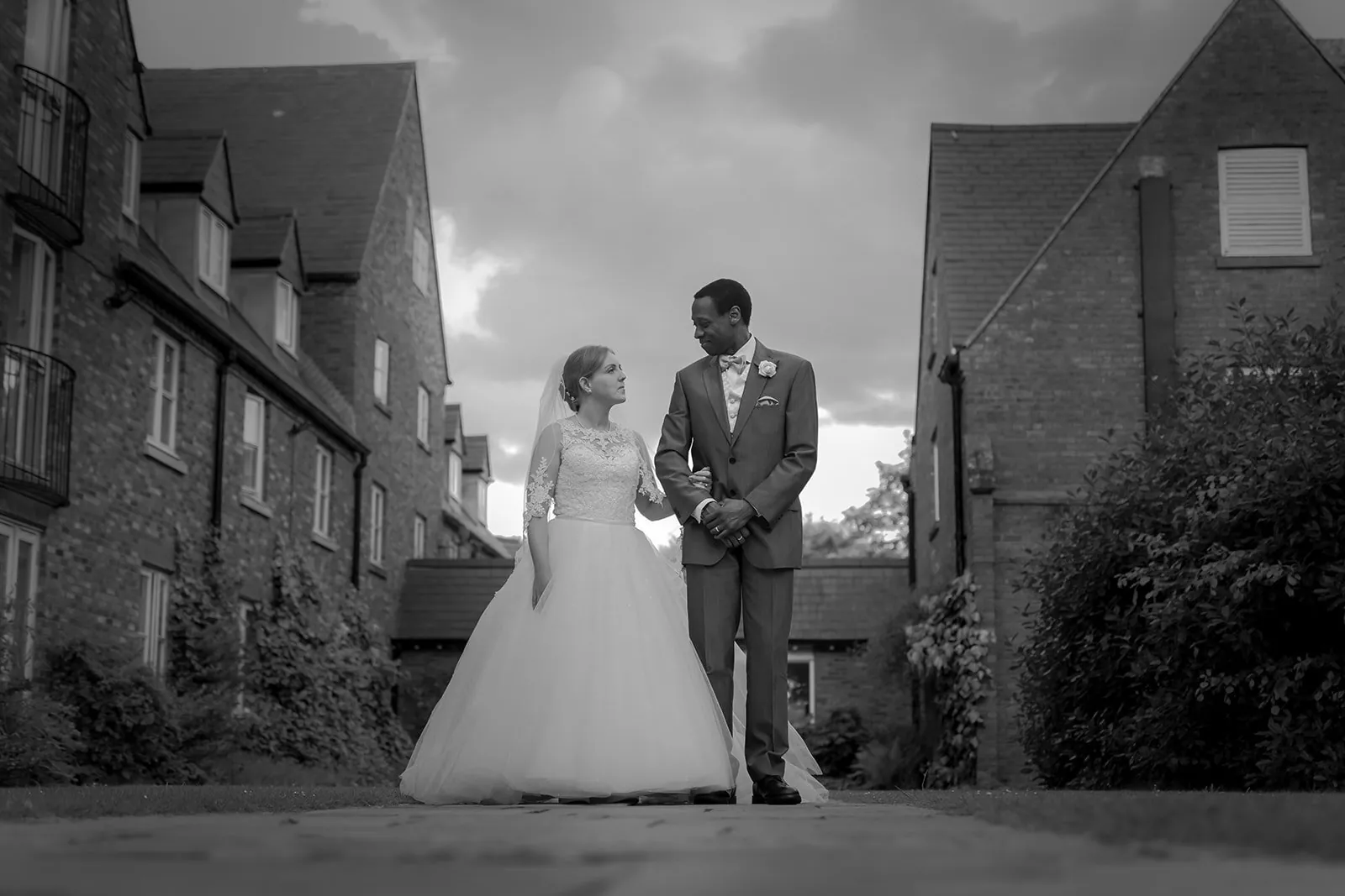 Black and white portrait of a bride and groom in Lancashire